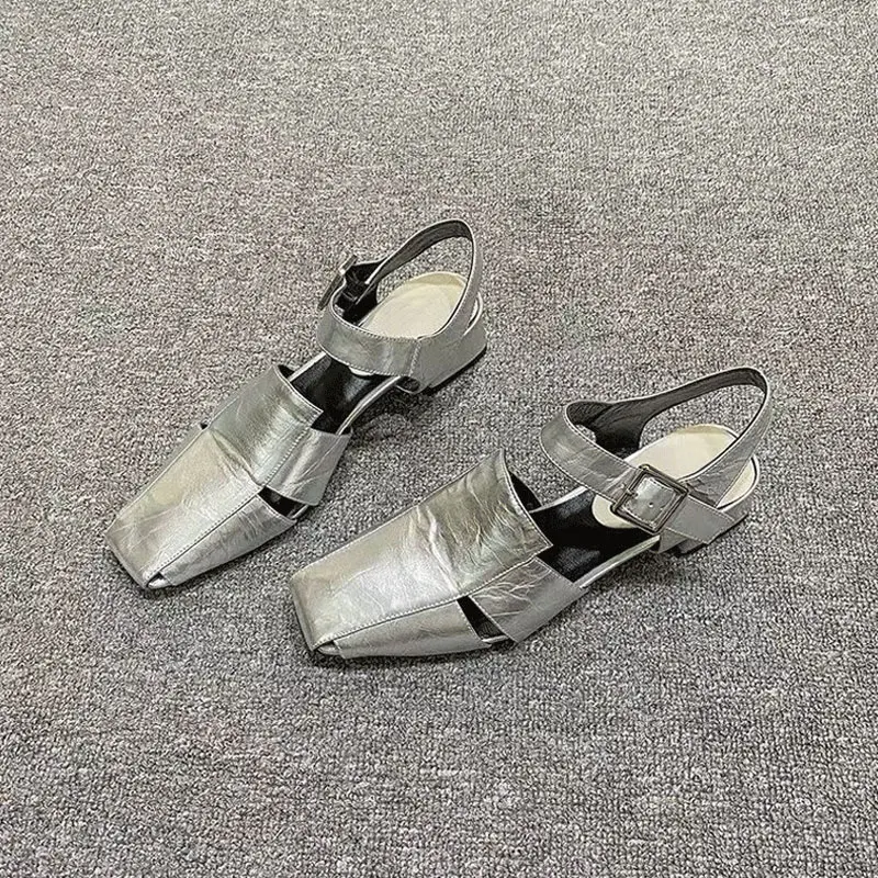 

Летние женские сандалии с открытыми отверстиями, серебряные туфли-лодочки на массивном каблуке, роскошный дизайн, гладиаторская римская обувь с пряжкой и ремешком на пятке, Zapatos De Mujer