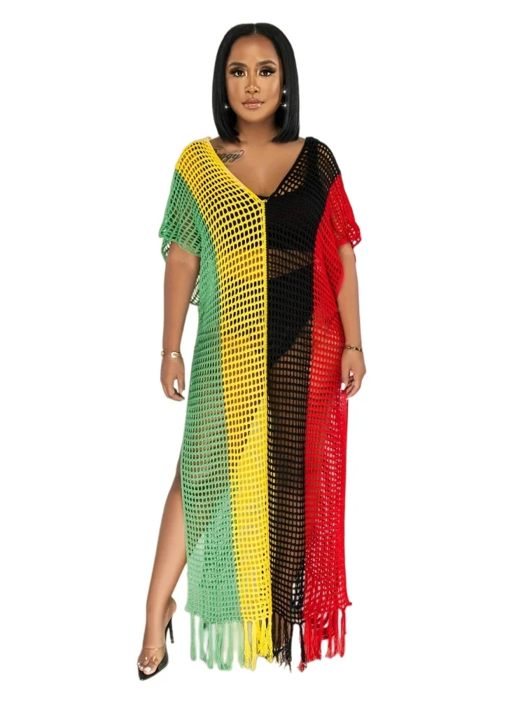 

2026 European and American Plus-Size Women's Spring and Summer Vacation Style Beach Dress Cover-Up with Contrasting Color Hollow-Out Handmade Tassel Knit Dress for Women