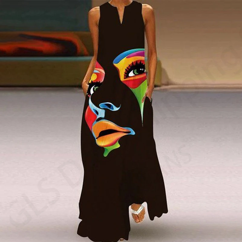 Sexy Portrait Face Print Dress Women Fashion Sleeveless V-neck Long Dresses Party Evening Dress Flower Robe Sundress Beach