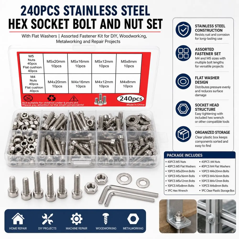 240pcs Stainless Steel Stainless Steel Bolt Set Head Flat Washers Nut And Bolt Set DIY Projects Corrosion Resistant