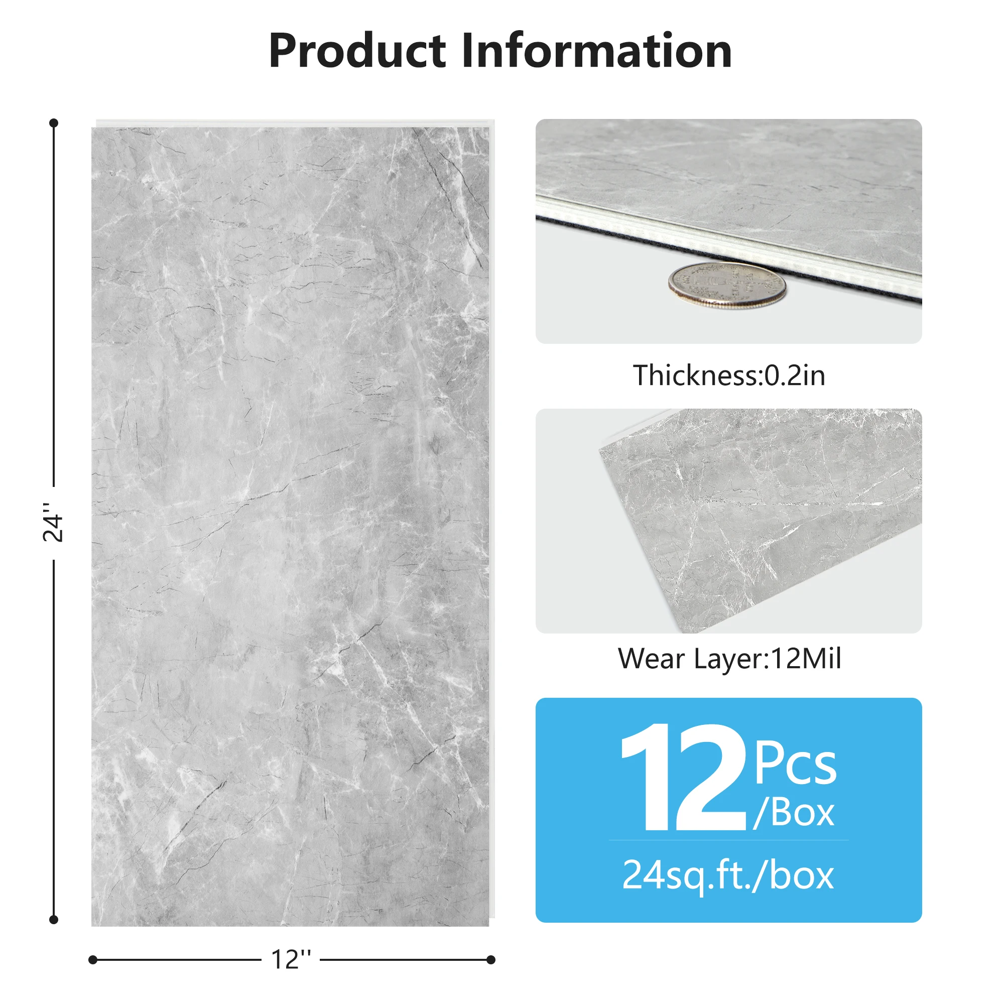 Art3d 12Pack 24''x12'' Click-lock Vinyl Plank Flooring marble grain texture Look,covers 24 Sq.ft