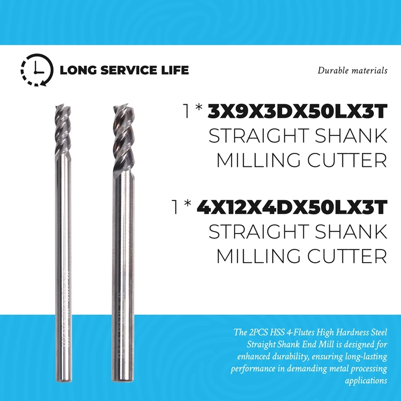 2PCS HSS 4-Flutes High Hardness Steel Straight Shank End Mill For CNC Machine Tools Metal Processing Milling Cutter