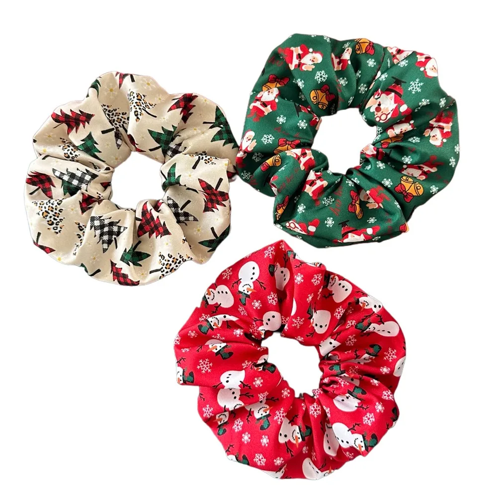 1Pc Fabric Christmas Scrunchies, Santa Snowman Tree Print Ponytail Ties for Women, Holiday Party Accessories No Damage