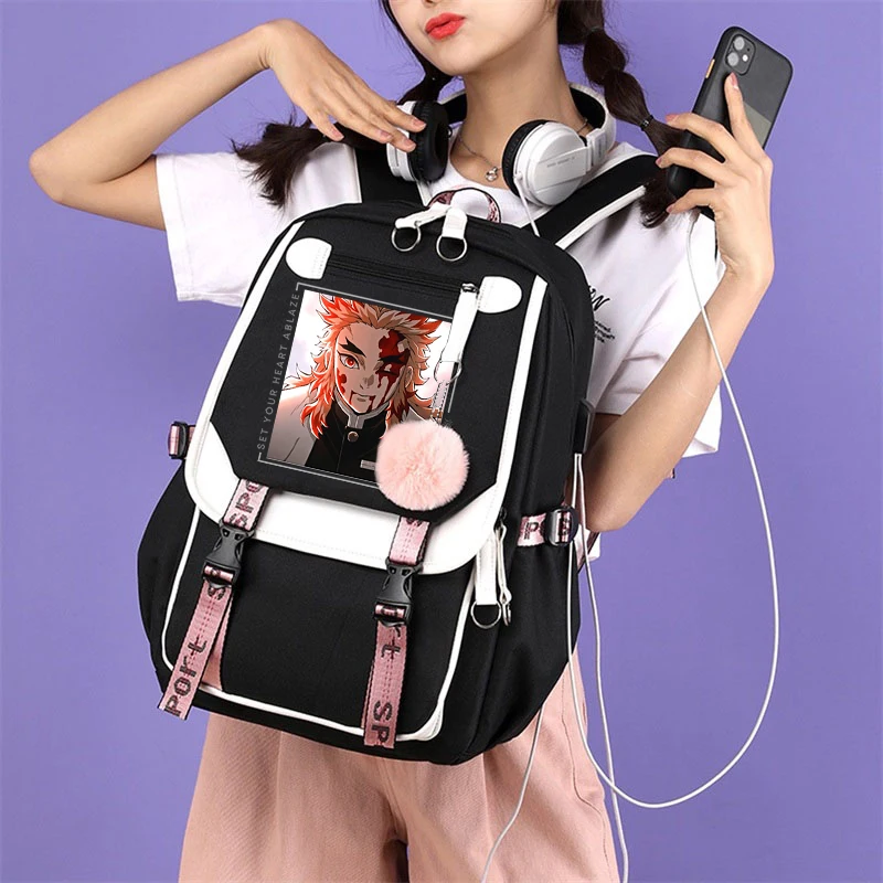 Demon Slayer School Bag for Girls Fun Manga Multicolor Splicing Design Backpacks Bags Hiking Female Demon Slayer Bags Trekking