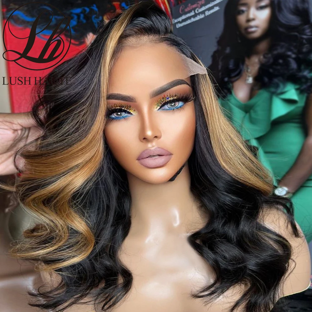 

Blonde Skunk Stripe Body Wave Lace Front Wigs Pre Plucked Glueless Wig Ginger Orange Wig with Blonde Highlights Lace Frontal wig