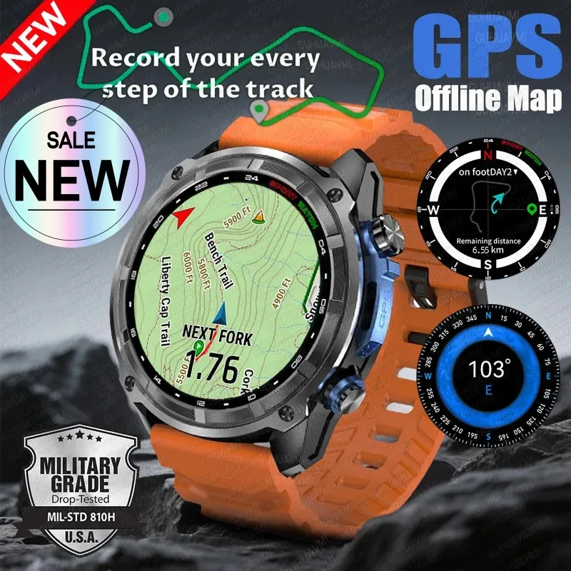 

New Men Tactical Smartwatch Built-in GPS Offline Map 4GB Memory 5ATM IP69K Swimming Waterproof Militray Smart Bracele