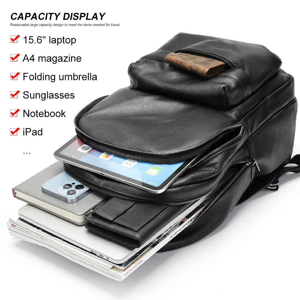 Men's Backpack Genuine Leather Vintage Shoolbag Large Capacity For Boy 15.6 Inch Laptop Bag Business Handbag Students