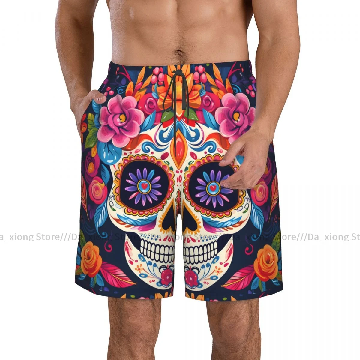 Man Swimwear Day Of The Dead Sugar Skull Print Swim Shorts Trunks Beach Board Shorts Swimming Swimsuits