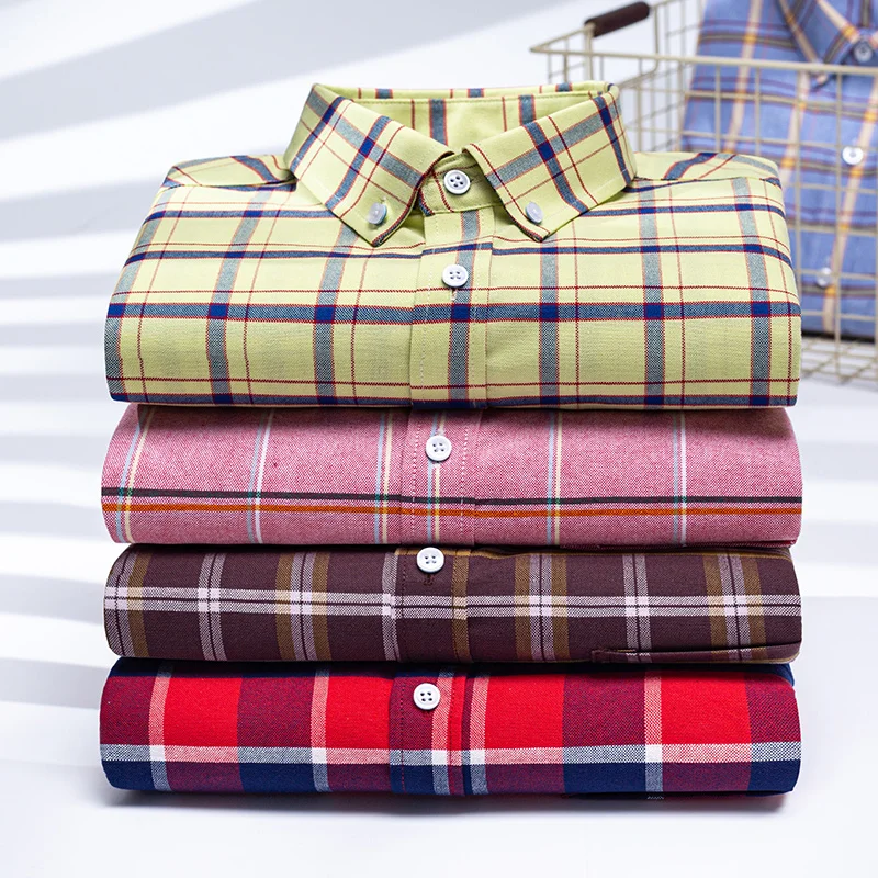 2024 Men Casual 100% Cotton Thick Oxford Long Sleeve Plaid Shirt for Man  White Checkered Male Clothing