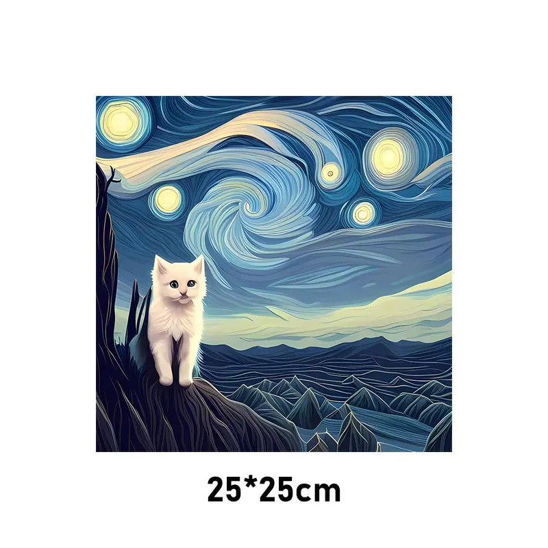 The Cat Under the Starry Sky Heat Transfer Fashion Iron Patch Clothing T-shirt DIY Hoodie Jacket Sticker DTF Patch Is Waterproof