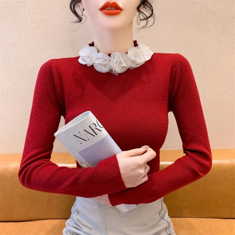 

French Three-dimensional Flower Thickened Sweater Women Autumn Winter New Slim Fit Inner Bottom Shirt Top