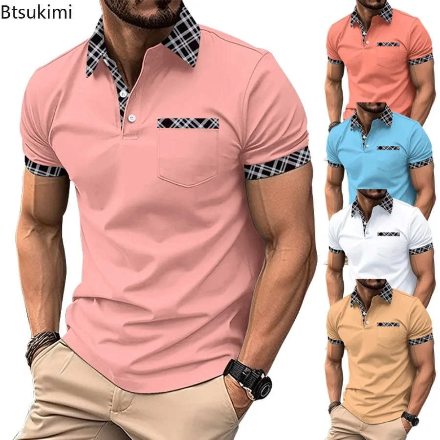 New Men's Casual Lapel Polo Shirt Summer Male Chest Pocket Button Placket Color Block Business Versatile Short Sleeve T-shirt