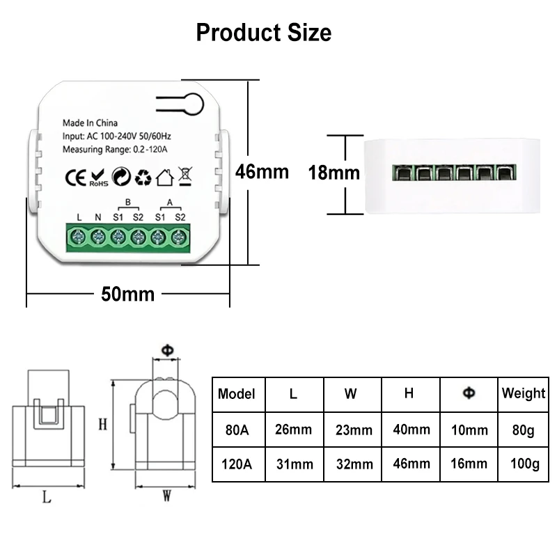 Tuya smart life wifi medidor de energia 120a bidirecional 2 canais com braçadeira app monitor exportação solar e energia de importação ac110v/240v