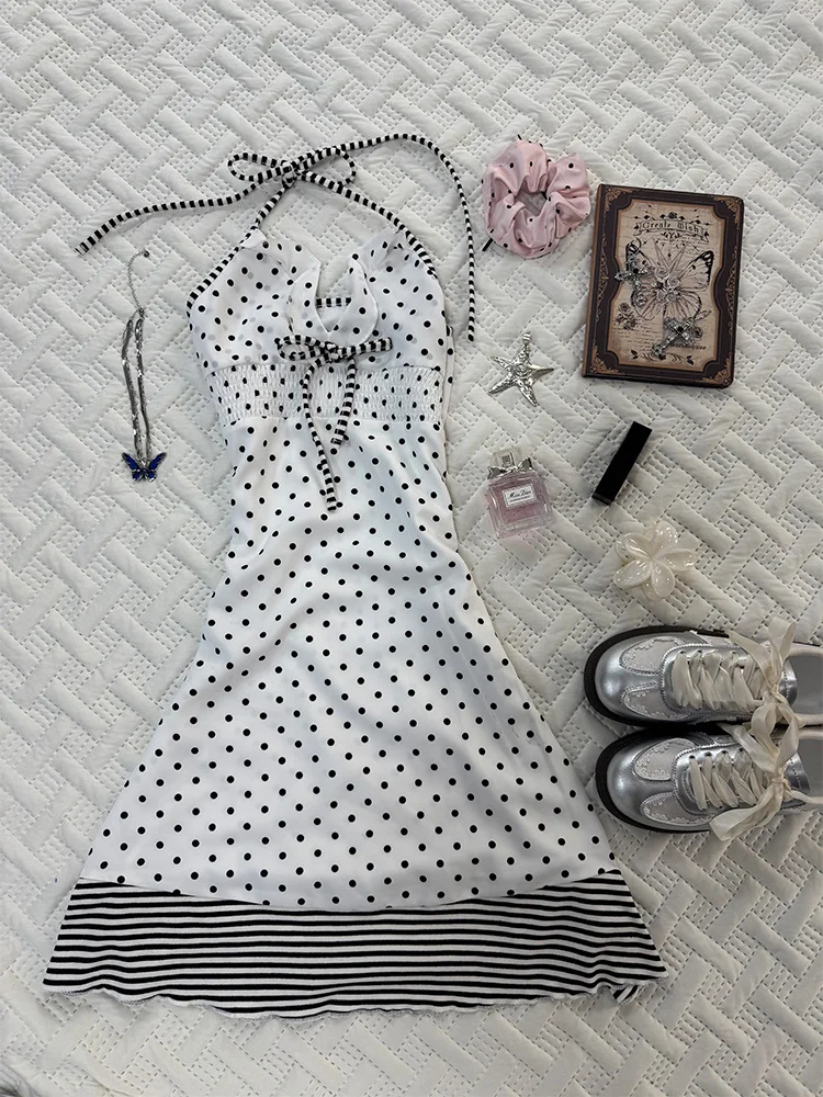 

Original Summer Slimming White Polka Dot Belted Dr Vintage Sle Polyester Fiber ort A-Line Skirt No Sve Women's Dr