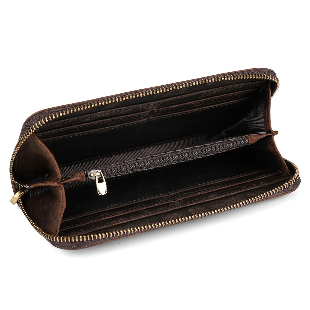 Men's Crazy Horse Leather Wallet, Vintage Embossed Long Wallet with Zipper, Multi-Card Slot Phone Purse, RFID Blocking Billfold