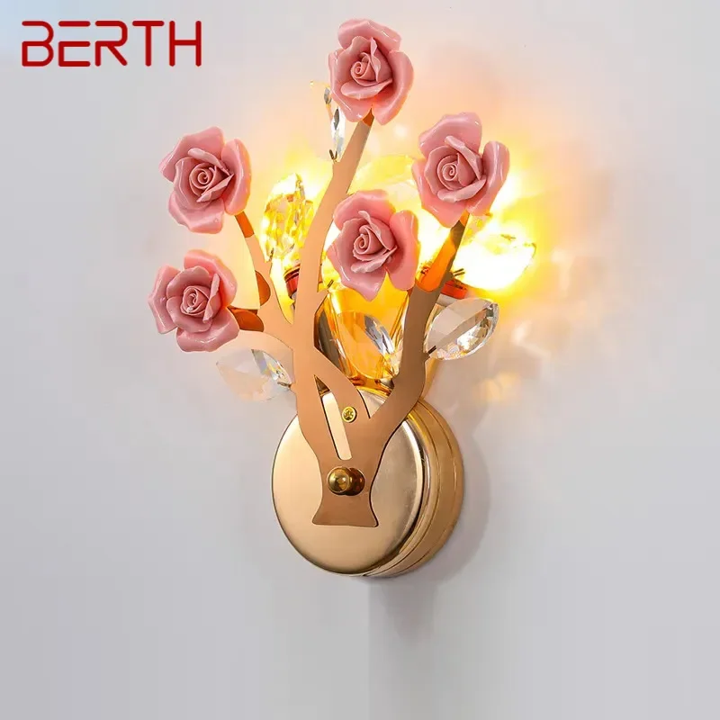 BERTH Contemporary Crystal Wall lamp Creativity Ceramics Rose Blossoms Living Room Bedroom Girl's room Villa LED Bedside Light