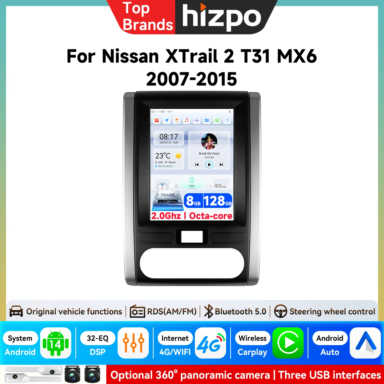 Hizpo Android 15 per auto, schermo da 9,7 pollici, compatibile con Nissan X-Trail X Trail 2 T31 MX6 2007-2015, autoradio Android, sistema multimediale, video, GPS, CarPlay, display touchscreen in
