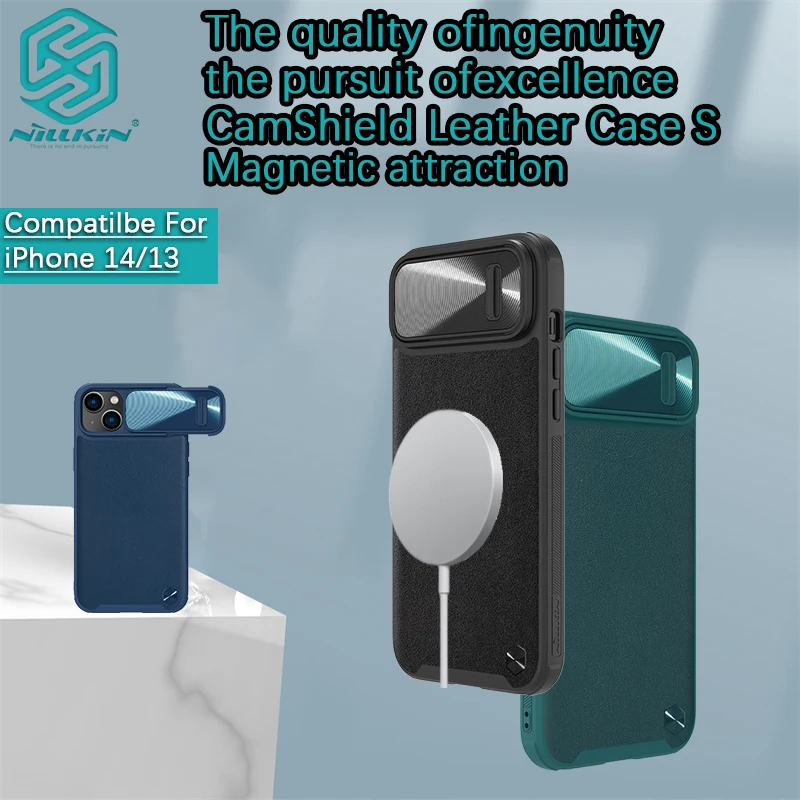 Capa magnética de couro Nillkin CamShield, iPhone 14 Pro Max, 14 +, 14 Plus, 13, Tampa do telefone, S Lens, Capa protetora deslizante, Tampa do telefone, Primavera