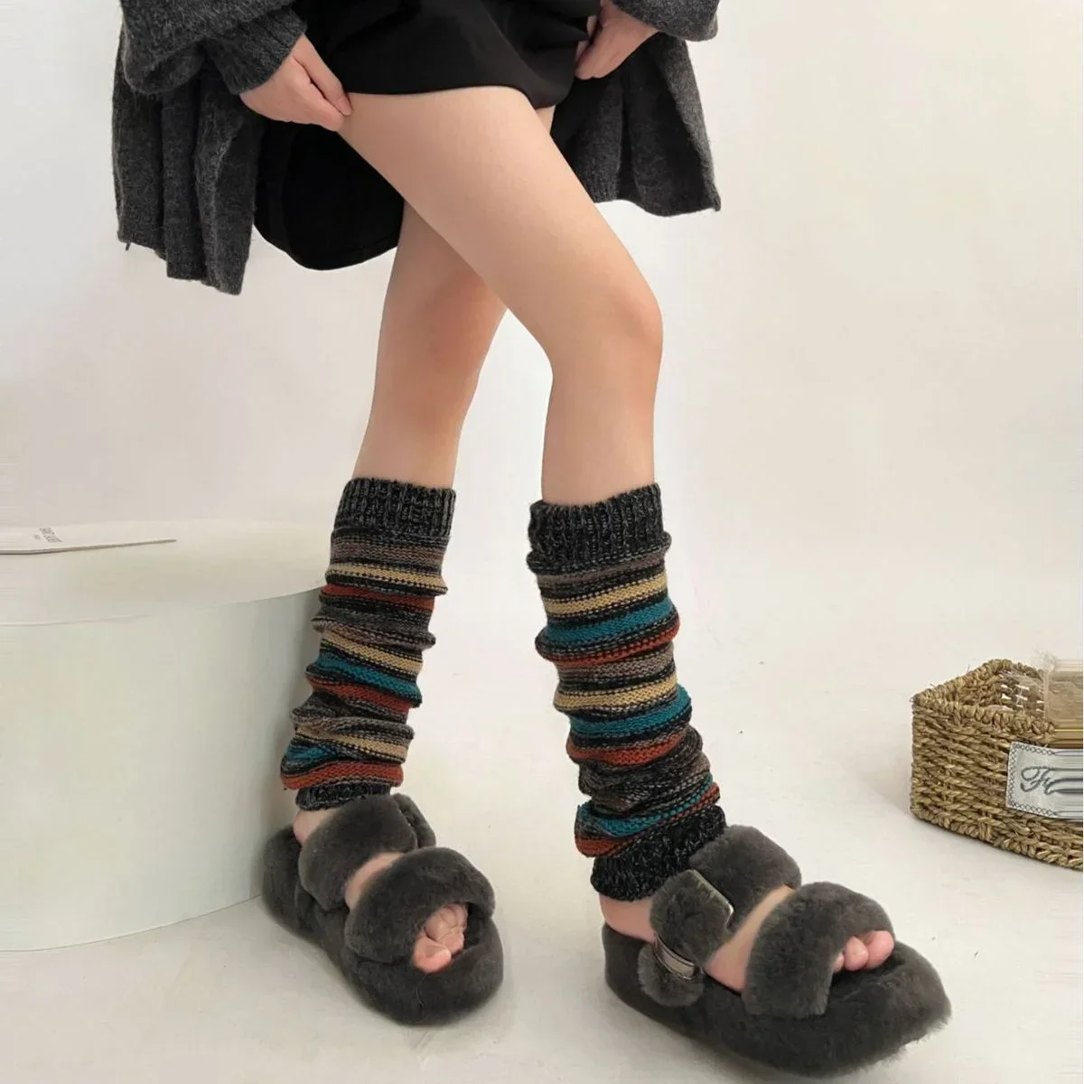 Women Autumn Winter Leg Warmers Warm Knitted Foot Cover Knee Socks JK Girl Lolita Striped Long Socks Stockings Women Leg Warmers