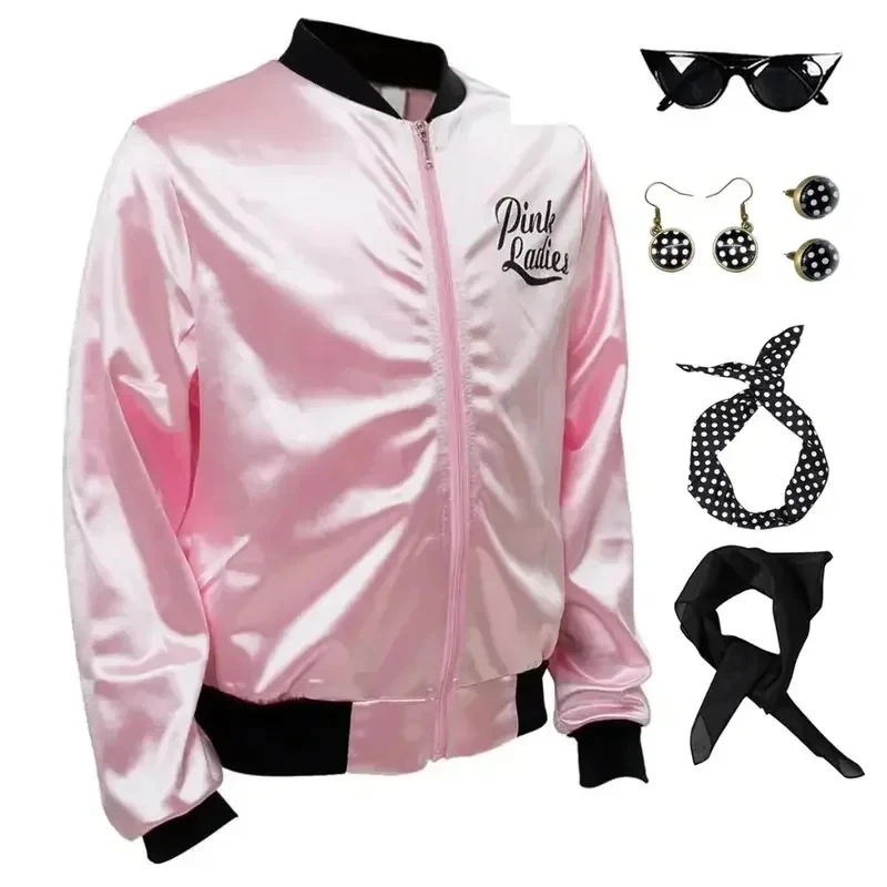 Disfraz Retro de Grease para Mujer ABC123Cosplay, Chaqueta de Animadora, Abrigo Rosa de Otoño para Adultas y Niñas, Halloween b;6'j,k.9;a