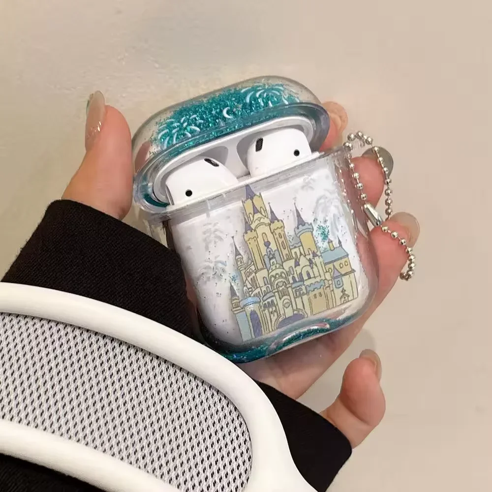 Dreamy Castle Quicksand Glitter Case for AirPods 4 ANC for Apple AirPods 1 2 3 Pro Pro2 Earphone Protective Cover with Keyring