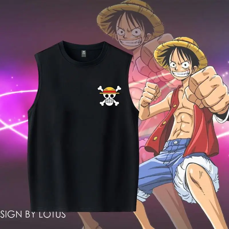 

New One Piece cartoon creative straw hat doctor Luffy sleeveless T-shirt summer loose cool large size men's vest gift wholesale