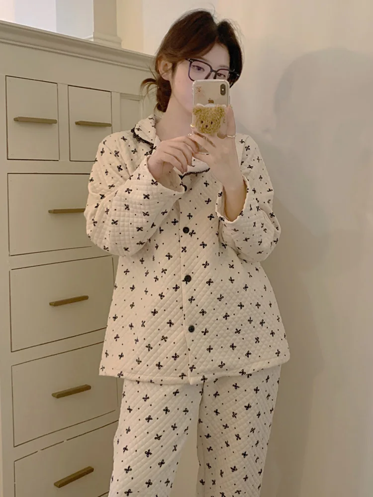 New Simple Sweet Print Thick Princess Quilted Loose Autumn Girlish Long Sleeve Pajama Set Women Kawaii Elegant Casual Sleepwear