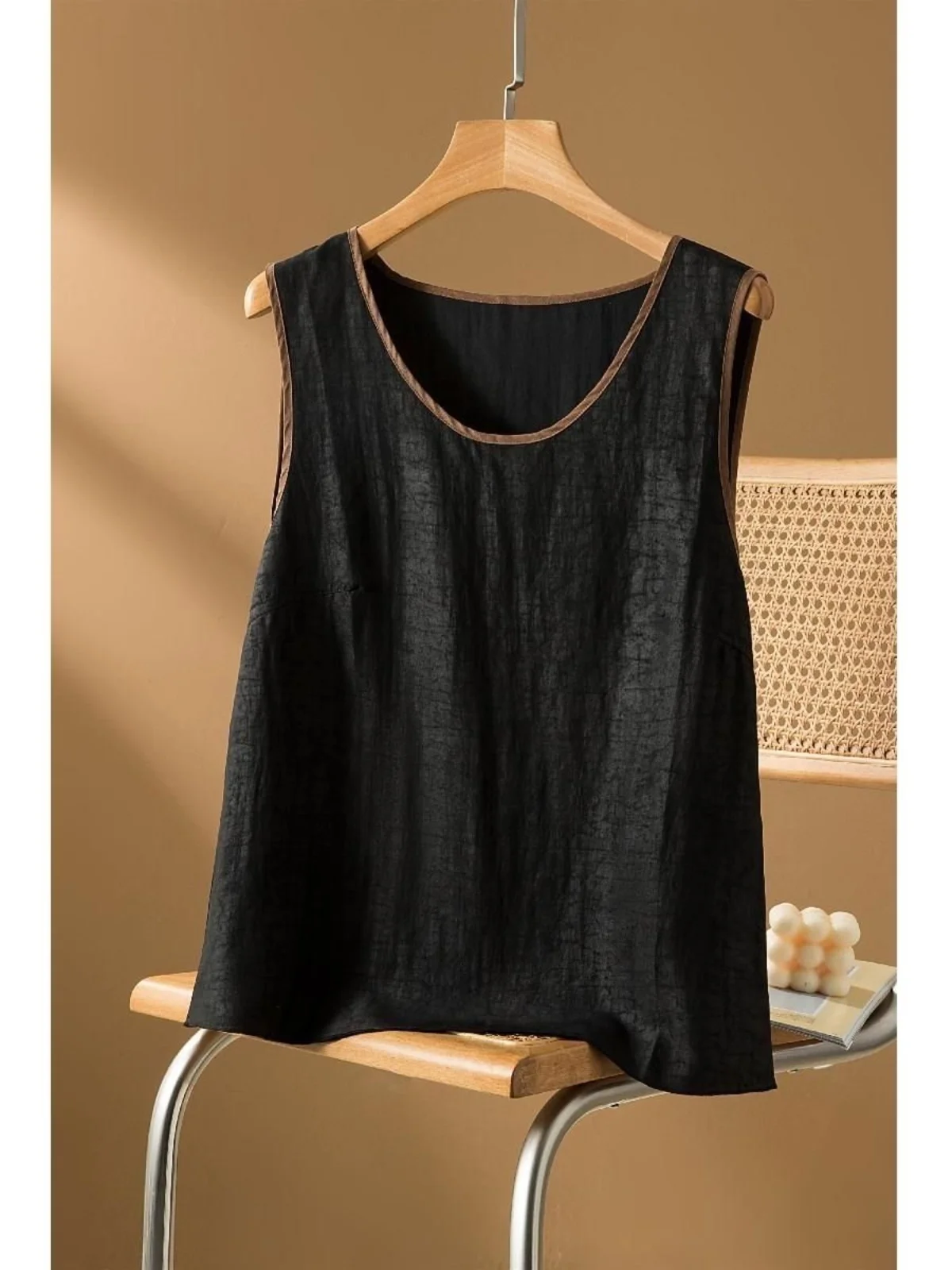 

Шелковый тонкий китайский жилет без рукавов, базовый многослойный топ, женский летний модный свободный крой, круглый, цельный предмет