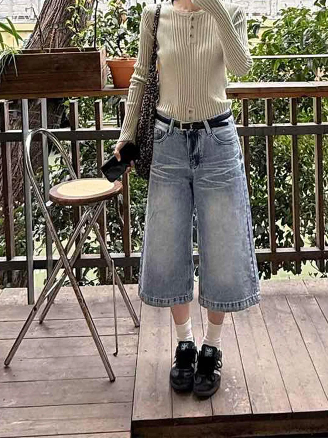 

Retro Washed Blue Seven-Five Denim Jeans Women's Lazy Style Pear Shape Small Size Mid-Length American Style High Waist Zipper