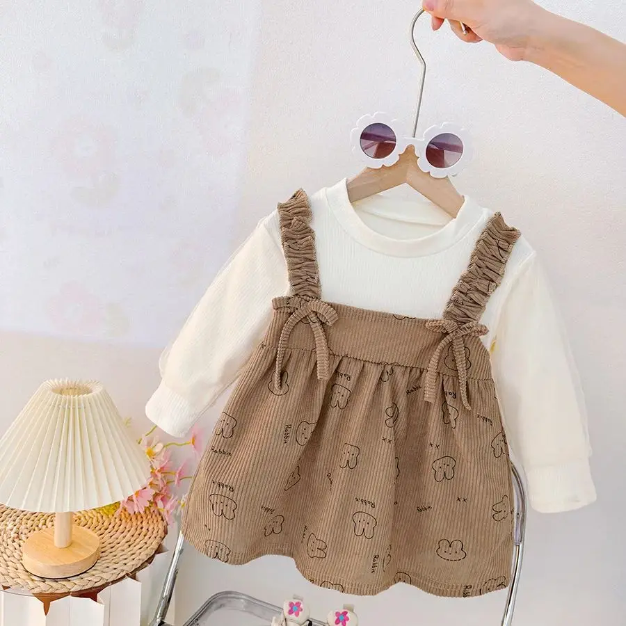 فستان بناتي جديد مطبوع عليه أرنب كرتوني للخريف، ملابس أطفال على الطراز الكوري مناسبة للأطفال من عمر 9 أشهر إلى 3 سنوات