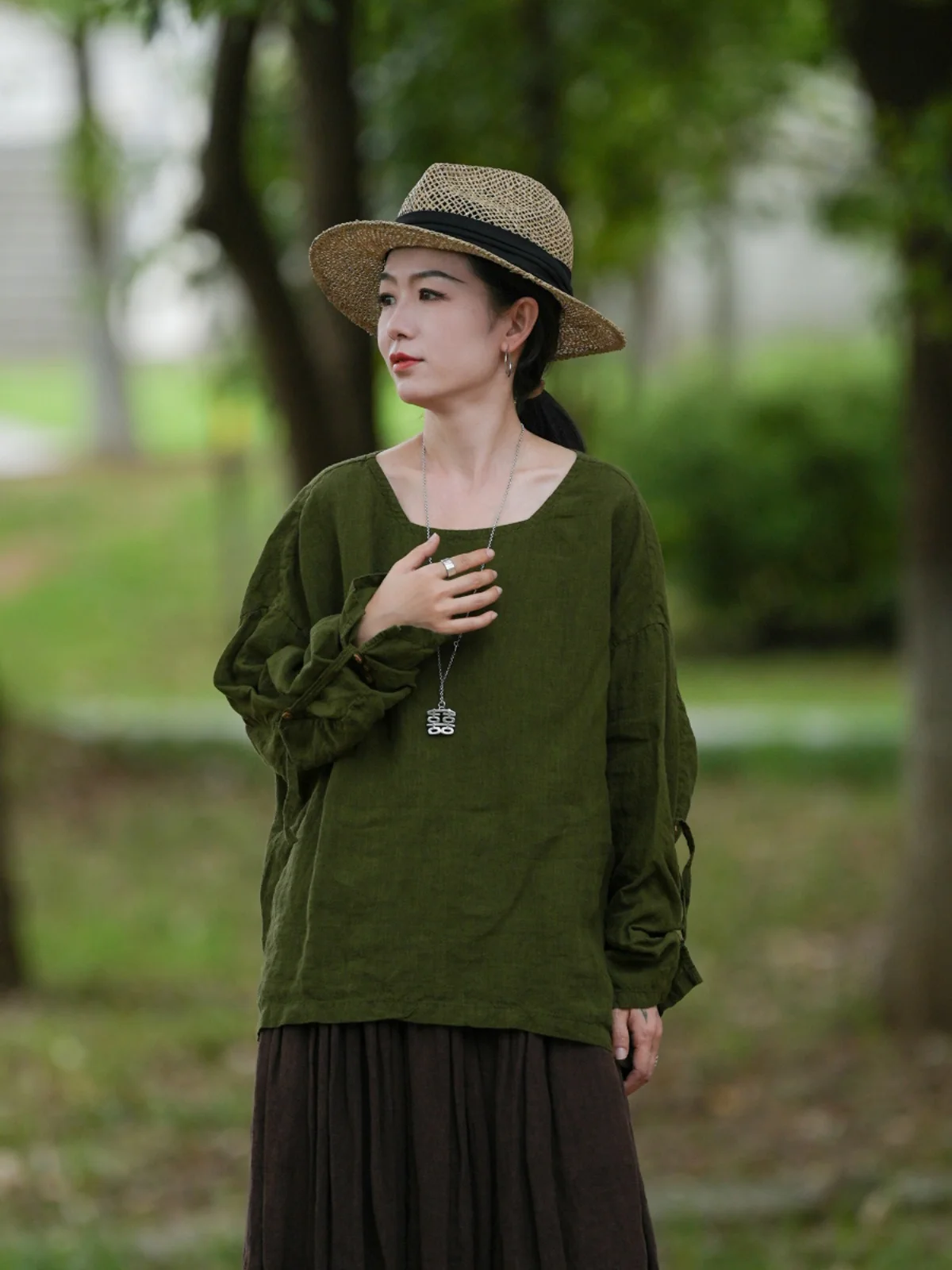 

PengPeng Home WT233 Color Woven Linen Hooded Top with Belt Ladies Faion Pure Linen irt Stand Collar Asymmetrical Hem