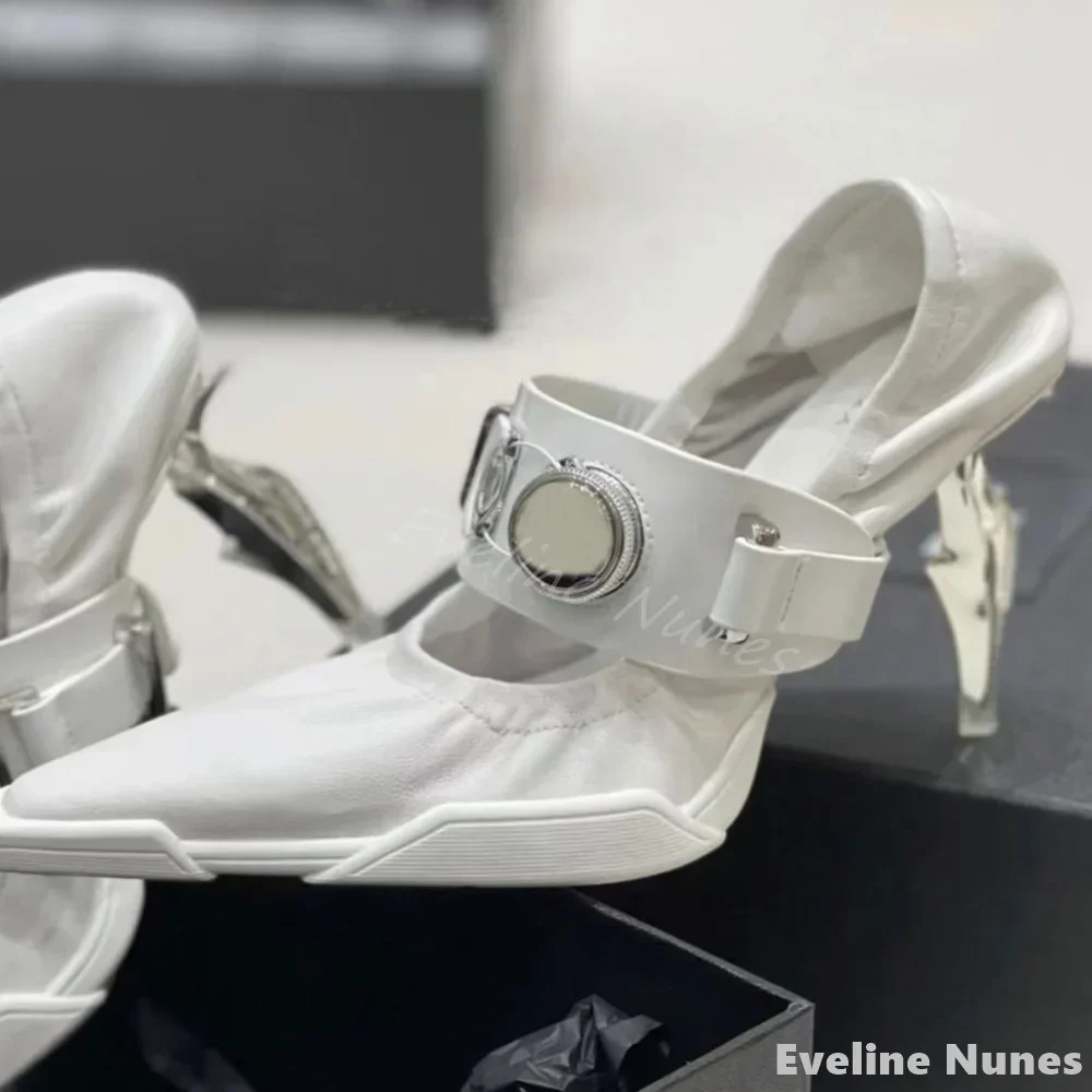 

Strange Style Transparent Heel Pumps Women Pointed Toe Leather Metal Belt Buckle Slip On Mules Shoes New Fashion Punk Sandals