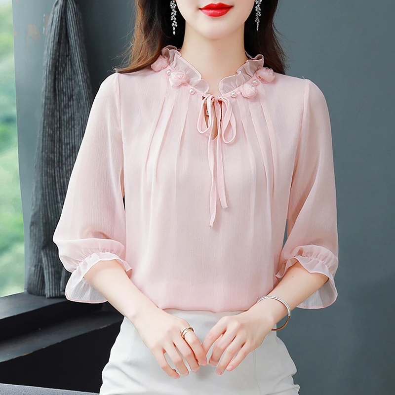 M-4XL Spring Summer Women Tops 2024 New Fashion Chiffon Blouse Petal Collar Half Sleeve Bow tie Loose Casual Shirt