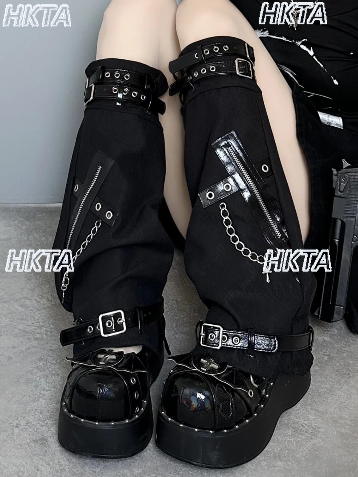 Subculture Y2K Cross Chain Leather Buckle Leg Warmers Sexy Hot Girl Personality Dark Punk JK Student Cosplay Slouch Socks Warmer
