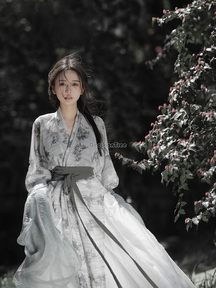 

2025 chinese improved weijin dynasty grey hanfu with ink-wash style printed women cross collar loose long ancient hanfu costume