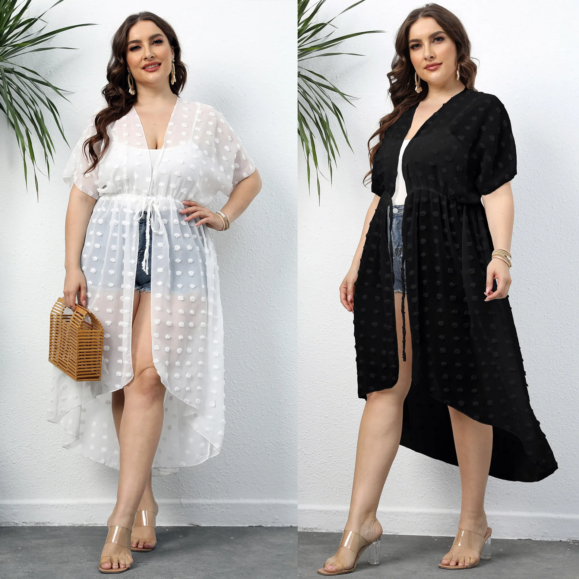 Vestido veraniego de talla grande para mujer, Kimono de gasa, Vestido largo de playa, cubierta de Bikini, estampado de puntos 3D, cintura ajustable con cordones