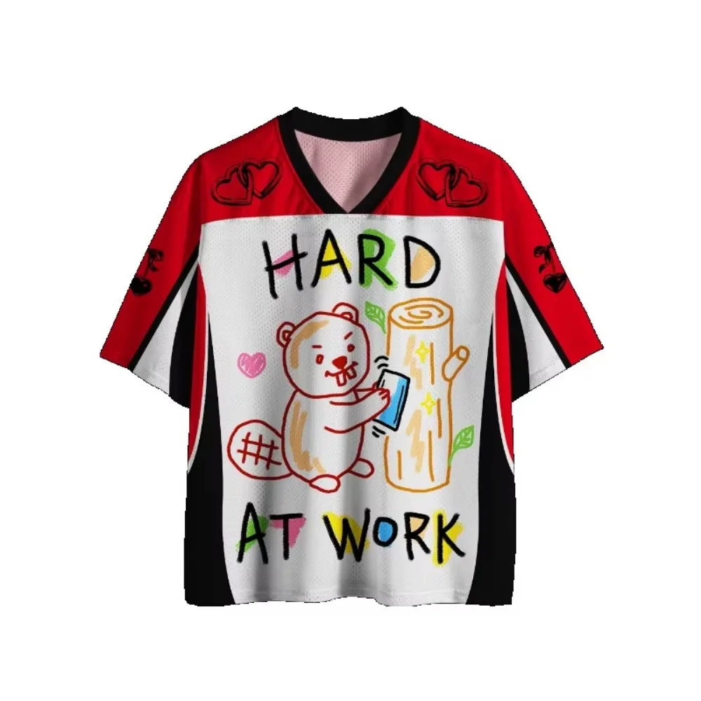 Camiseta deportiva de secado rápido y transpirable con estampado 3D de castores y tocones de árbol, cuello en V, para hombre, ideal para actividades al aire libre, estilo urbano y casual, diseño Y2K, prenda para padres e hijos.