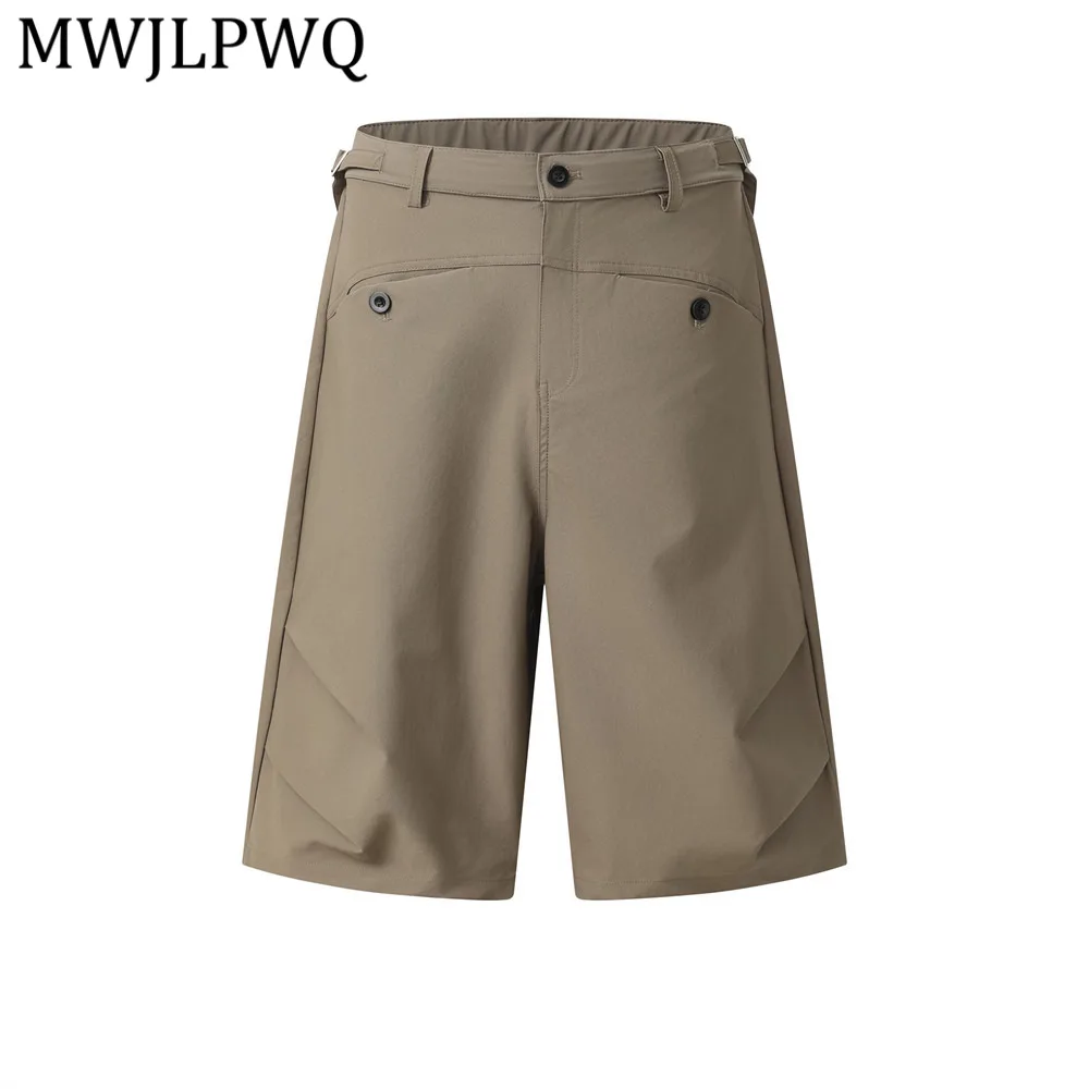 

MWJLPWQ Pleated Stylish Straight Pants For Men Vibe Trendy High Street Unique Pocket Design Casual Solid Color Shorts New 15351
