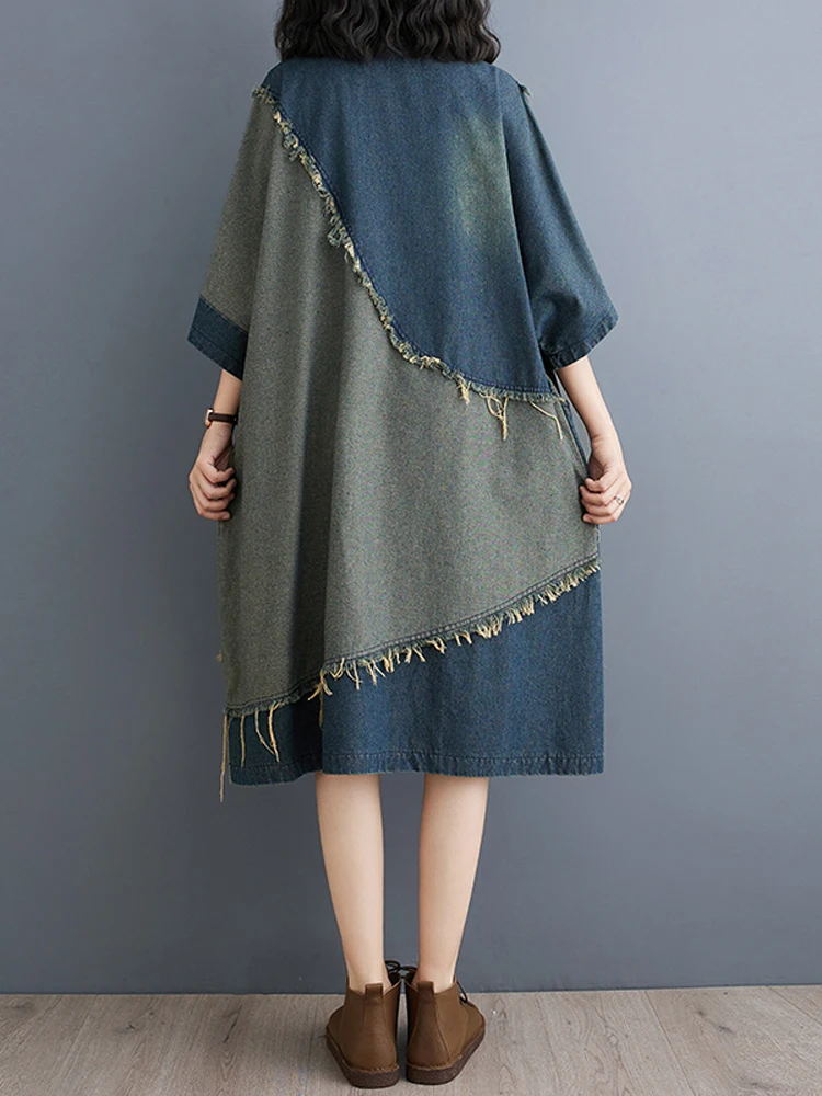 NYFS Vintage Spring Summer Women Clothing Contrast Color Stitching Denim Dress Raw Edge Loose Long T Shirt Female Robes