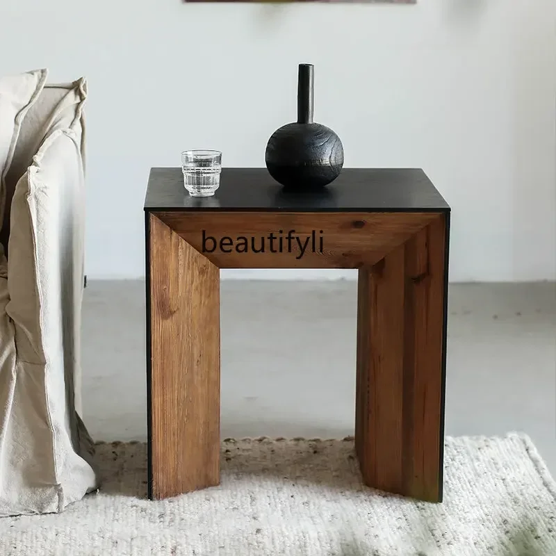 D178 Y zq Black Solid Wood Corner Table Old Pine Oak Veneer Vintage Distressed Living Room Sofa Side Table Coffee Table