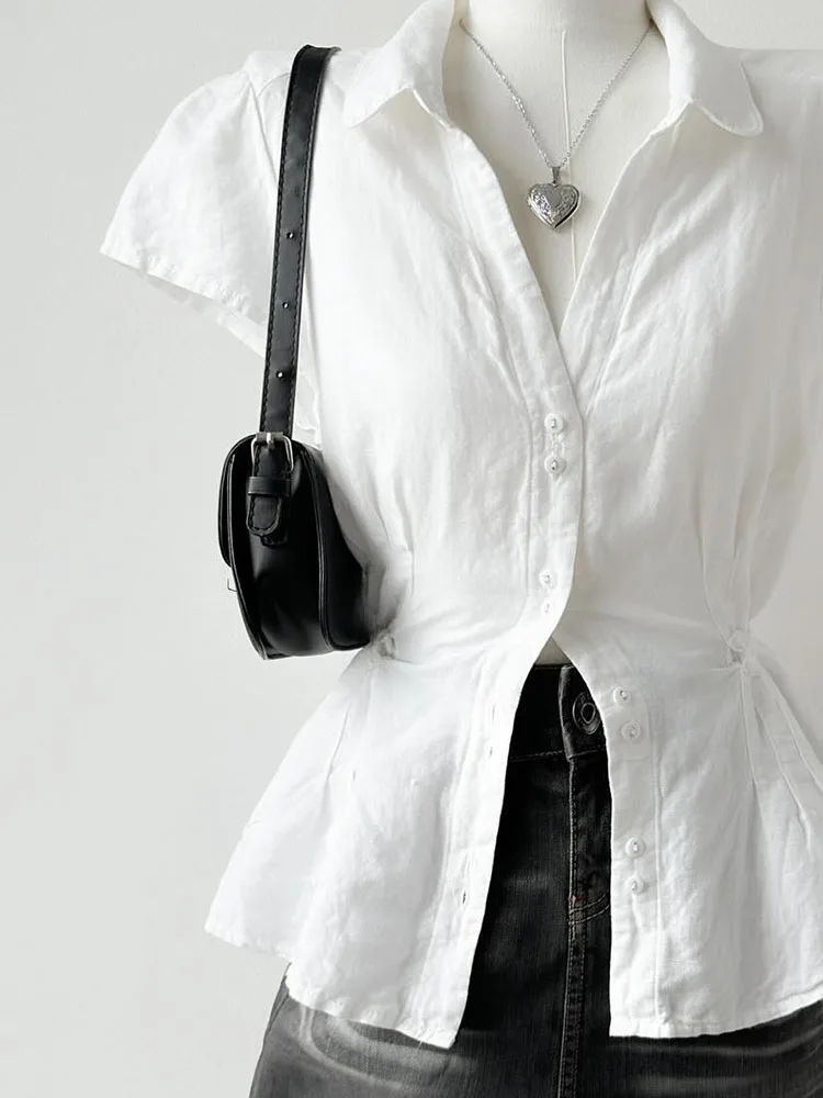 

Original American Retro White Waist-Cinching irt Women's Faionable Top Design Sensation Small Cro Ele Balmizi