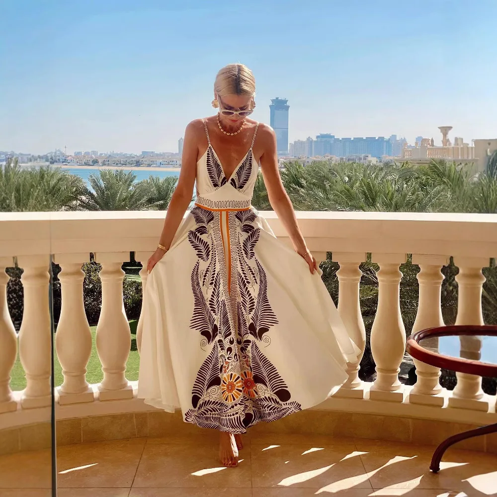 

2025 Bohemian A-line Dress Summer New Backless Lace Up Long Dress With Printed V-neck Elegant Dress