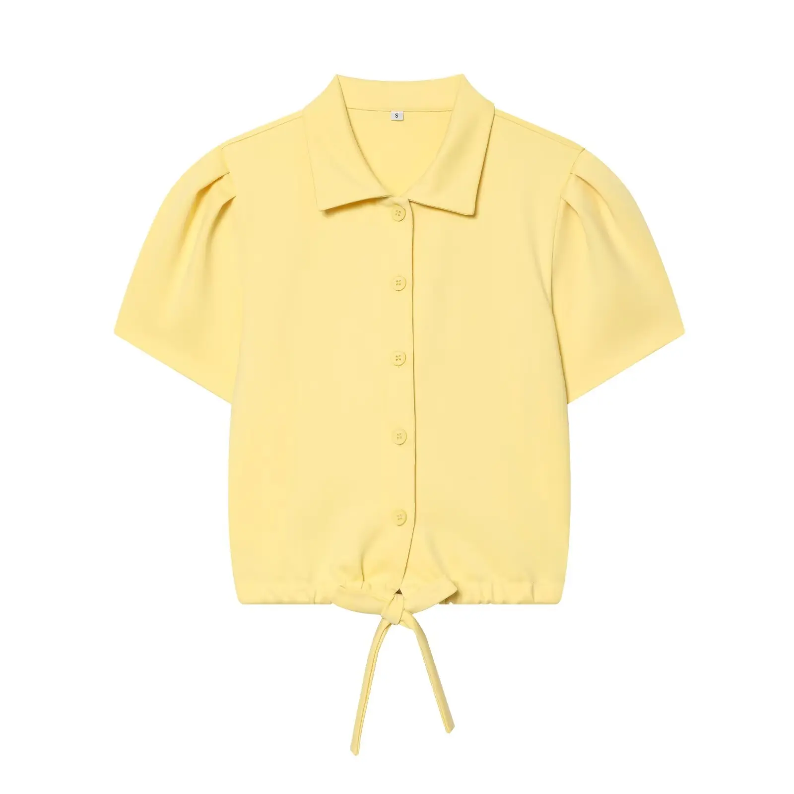 BSAY Minimal Office Women Short Sleeve Knit Cardigan Polo Collar Puff Sleeve Bow Tie Hem Button Closure Cropped Knit Outerwear