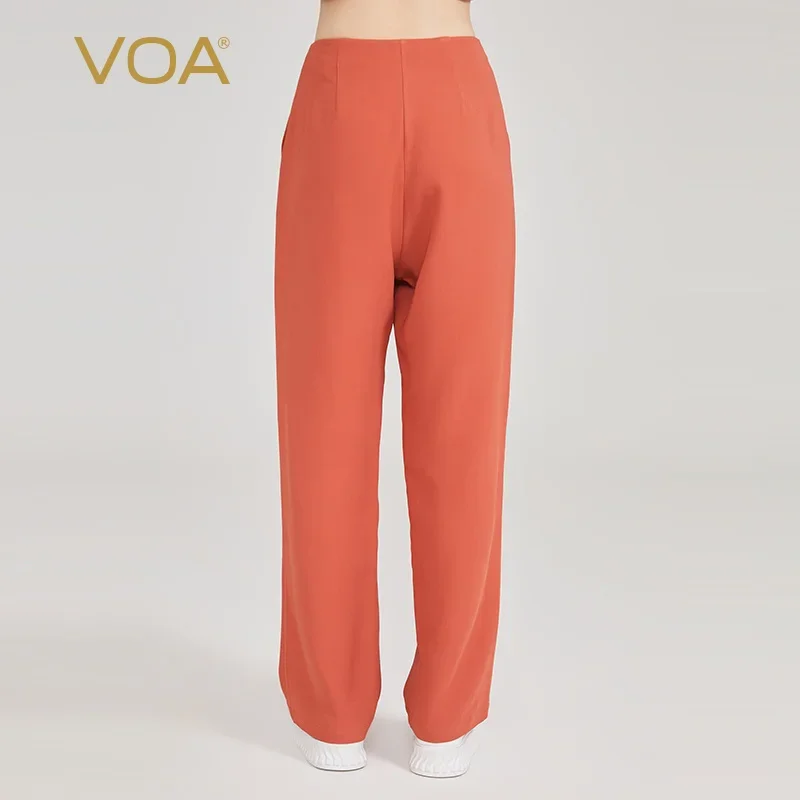 VOA Orange 60 Momme Heavyweight Long Hollow Thick Silk Natural Waist Side Pockets with Smooth Silk Straight Leg Pants KE899
