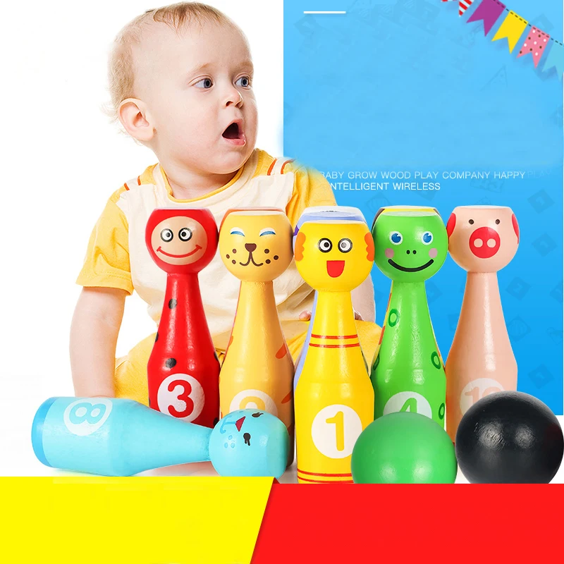 

Wooden Bowling Set with Animal Faces and Numbers Kids Garden for Indoor and Outdoor Sports Games