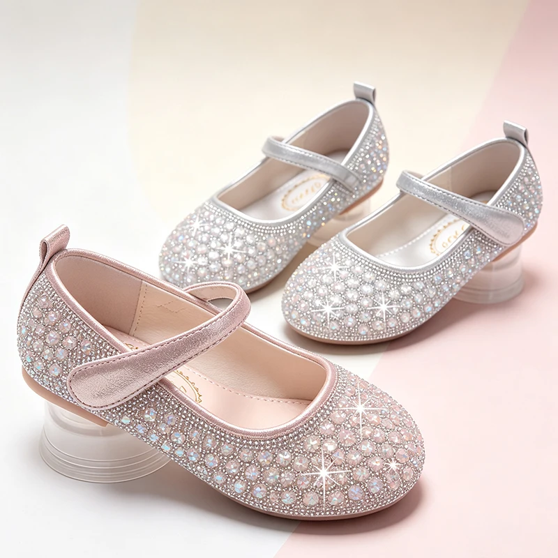 Sparkly Crystal Girls Full Rhinestone Princess Mary Jane Flat Shoes Formal Footwear Wedding Flower Girl Birthday Party Pageant