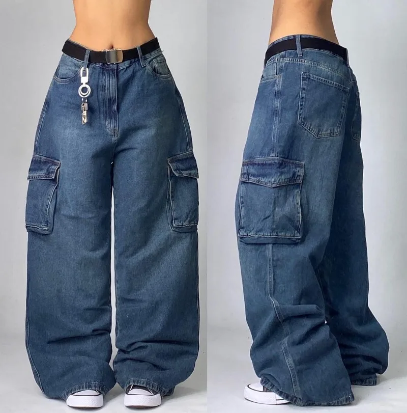 Street Vintage New Fashion Black Washed Stitching Baggy Jeans Women Y2K Gothic Harajuku Hiphop Popular High Waist Wide Leg Pants