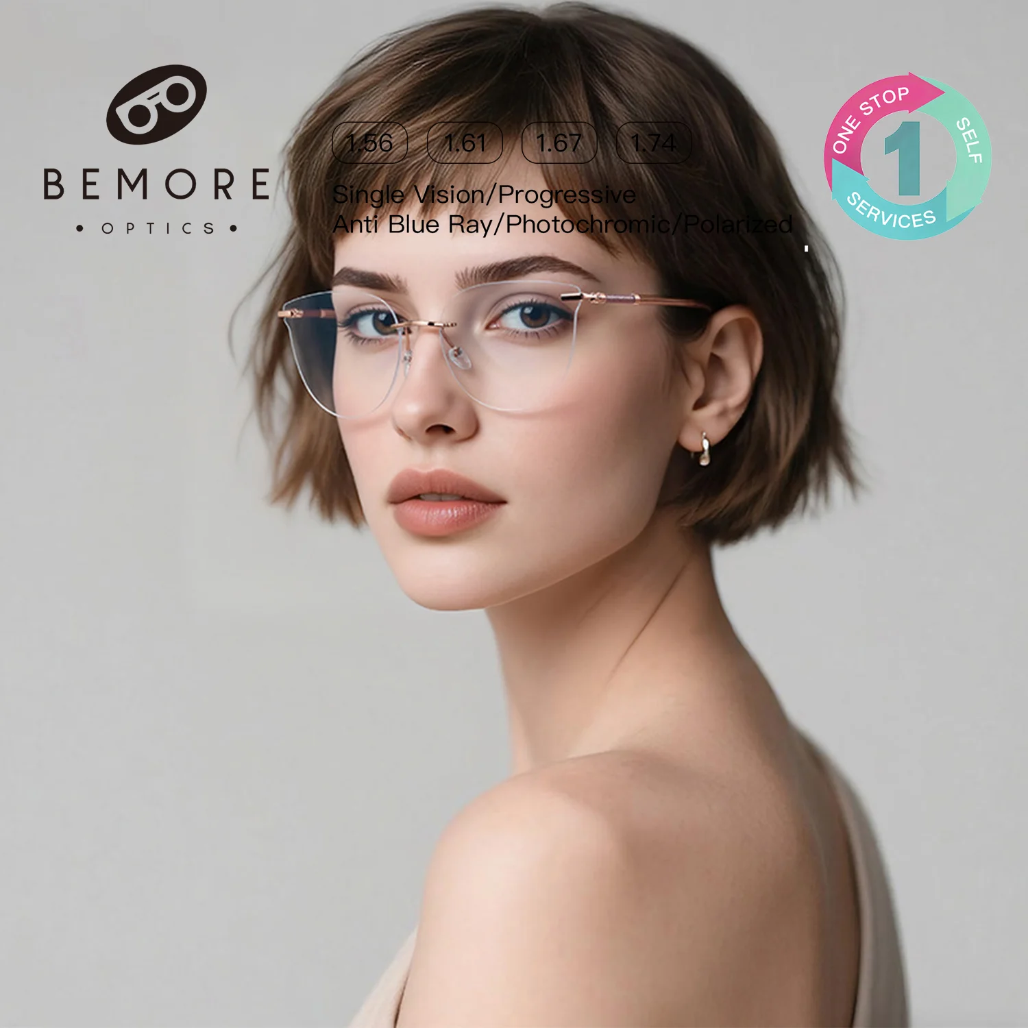 BEMORE Lunettes de lecture sans monture pour femme, de 0 à +-400, anti-lumière bleue, myopie et astigmatisme, prescription personnalisable
