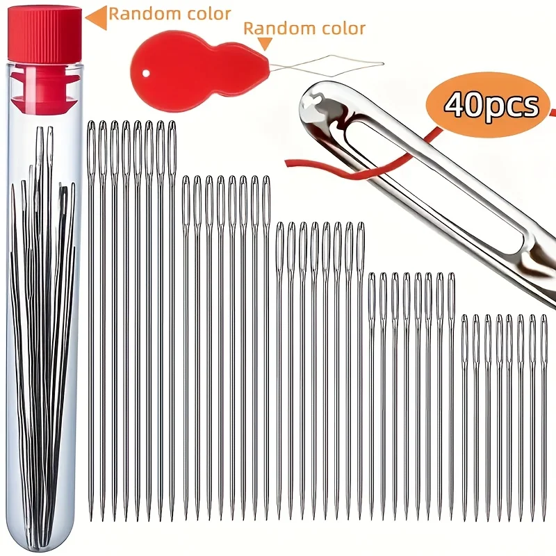 40pcs Assorted Sizes Large Eye Stainless Steel Hand Sewing Needles for Leather Yarn Weaving Household Patchwork Craft.