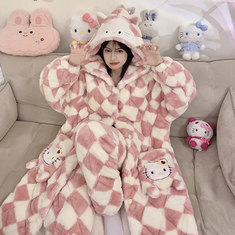 2Pcs Hellokitty Kawaii Plush Pajamas Anime Cartoon Kuromi Winter Velvet Thickening Cute Hooded Pajamas Home Clothes Girls Gifts